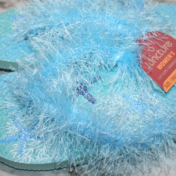 HAND CRAFTED Flip Flop Padded Thong Crochet Faux Fur Eyelash Turquoise Shoes - Picture 4 of 11